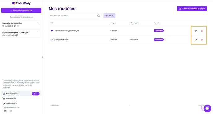 Mes modèles - liste